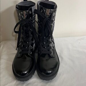 Guess Shiny Black Lace-Up Combat Boots